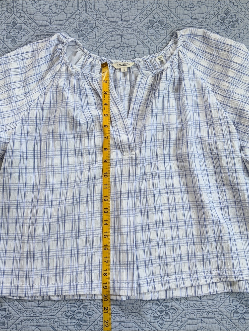 Max Studio Light Blue & White Plaid Puff-Sleeve Peasant Top - Picture 6 of 6